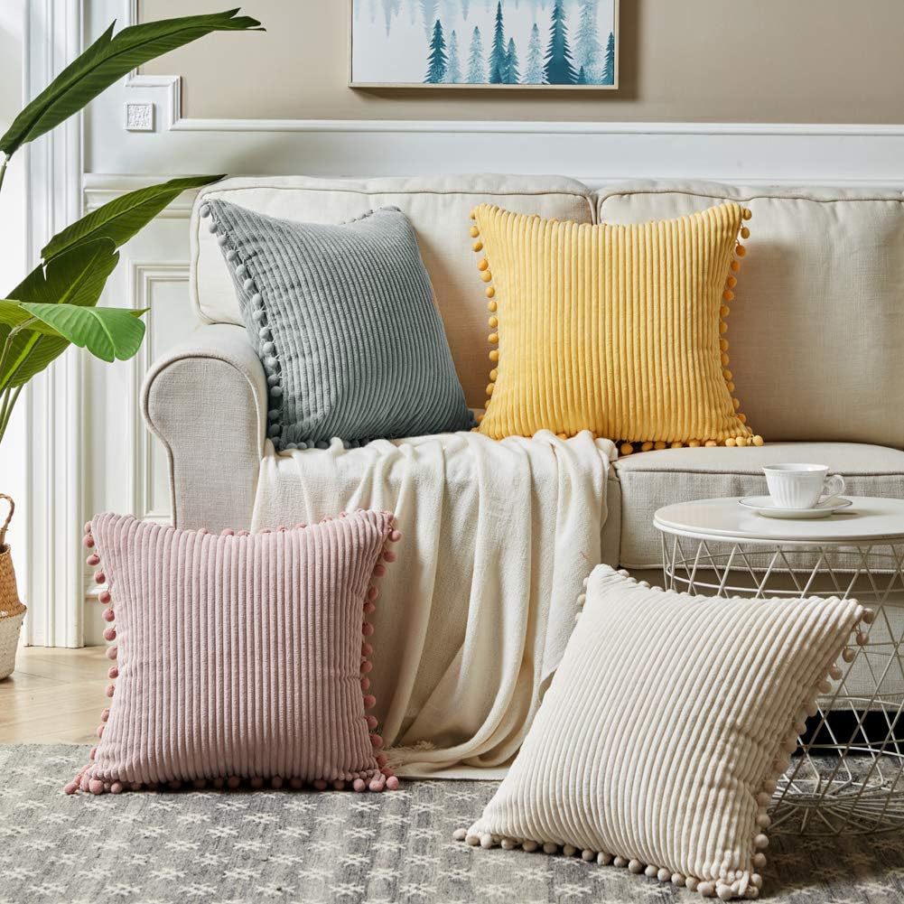 Orange Soft Corduroy Cushion Covers With Pom Trim - Set Of 2 Decorative Throw Pillow Cases For Sofa Couch Bed 45X45cm