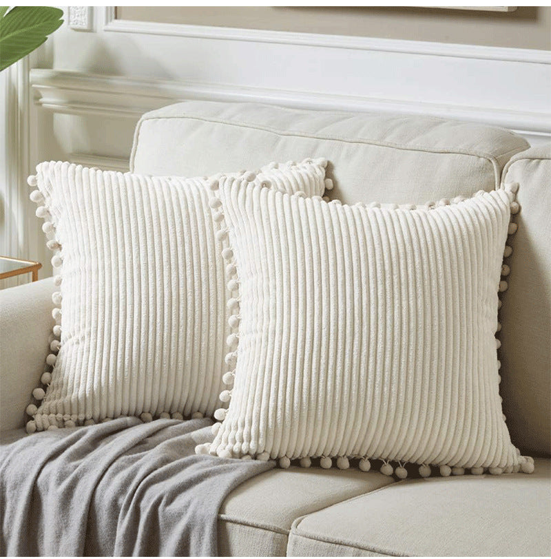 Orange Soft Corduroy Cushion Covers With Pom Trim - Set Of 2 Decorative Throw Pillow Cases For Sofa Couch Bed 45X45cm