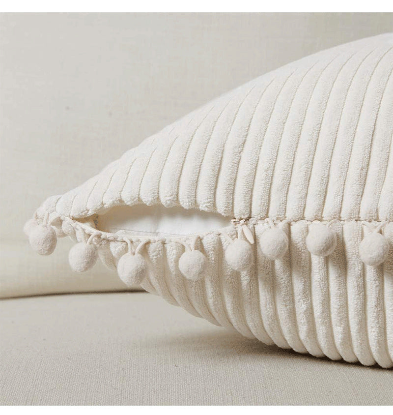 Orange Soft Corduroy Cushion Covers With Pom Trim - Set Of 2 Decorative Throw Pillow Cases For Sofa Couch Bed 45X45cm