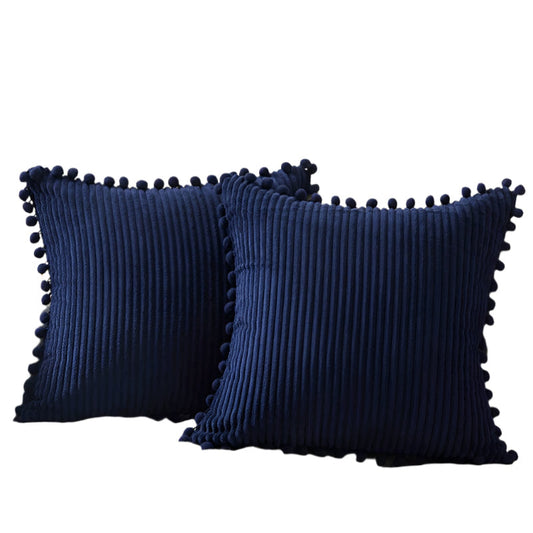 Navy Blue Soft Corduroy Cushion Covers With Pom Trim Set Of 2 Decorative Throw Pillow Cases For Sofa Couch Bed 45 X 45Cm