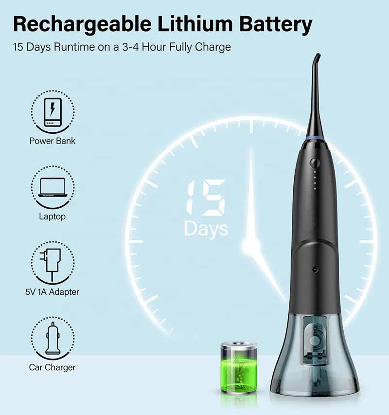 Black Advanced Portable Water Flosser Rechargeable Oral Irrigator Ipx7 Waterproof 4 Cleaning Modes