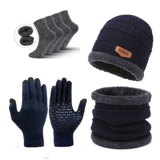 Dark Blue Men's 5 Piece Winter Essentials Set Lined Beanie Hat Neck Warmer Touchscreen Gloves & 2 Pairs Thermal Socks