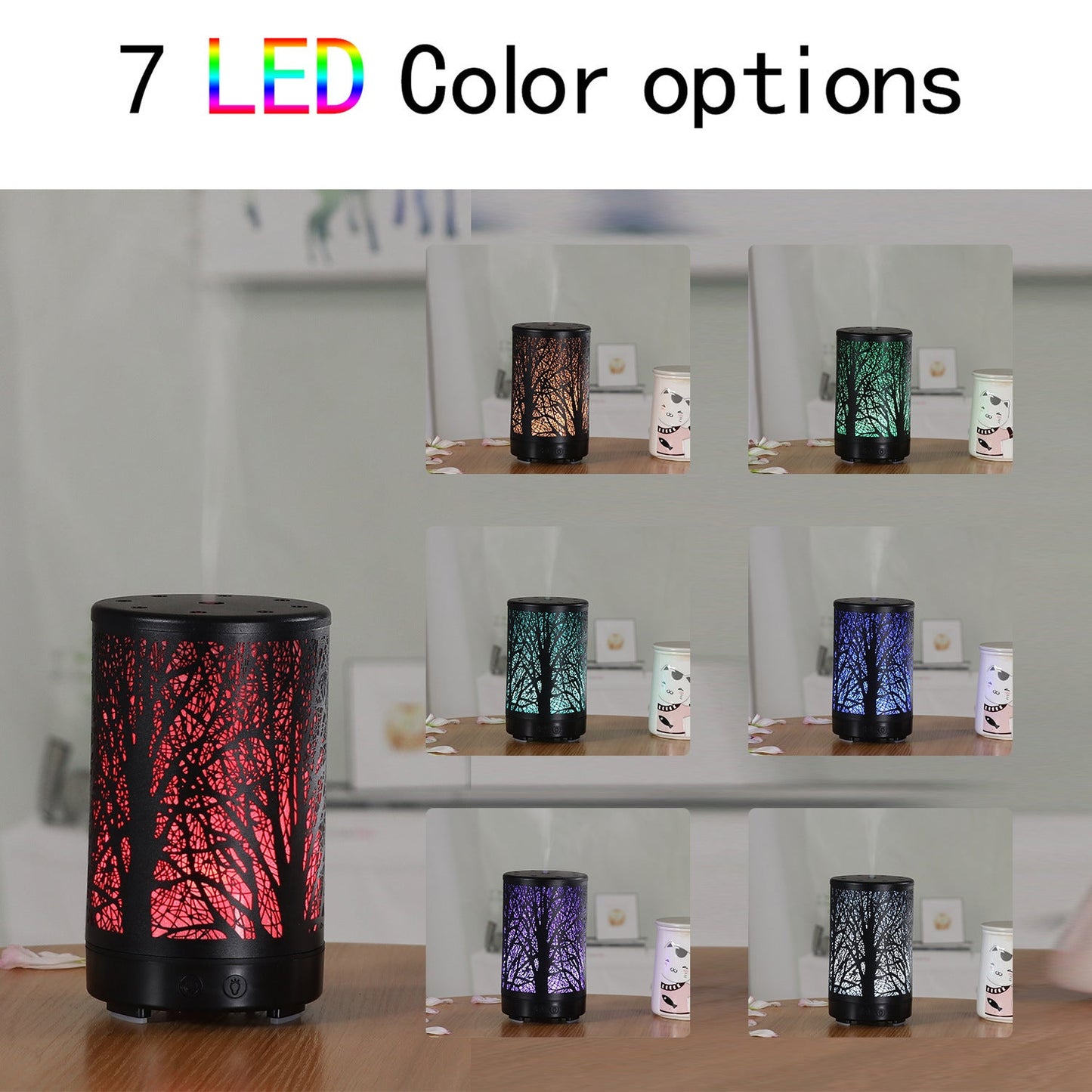Coffee And Black Forest Design Iron Essential Oil Diffuser 7 Color Led Ultrasonic Cool Mist Humidifier 100Ml