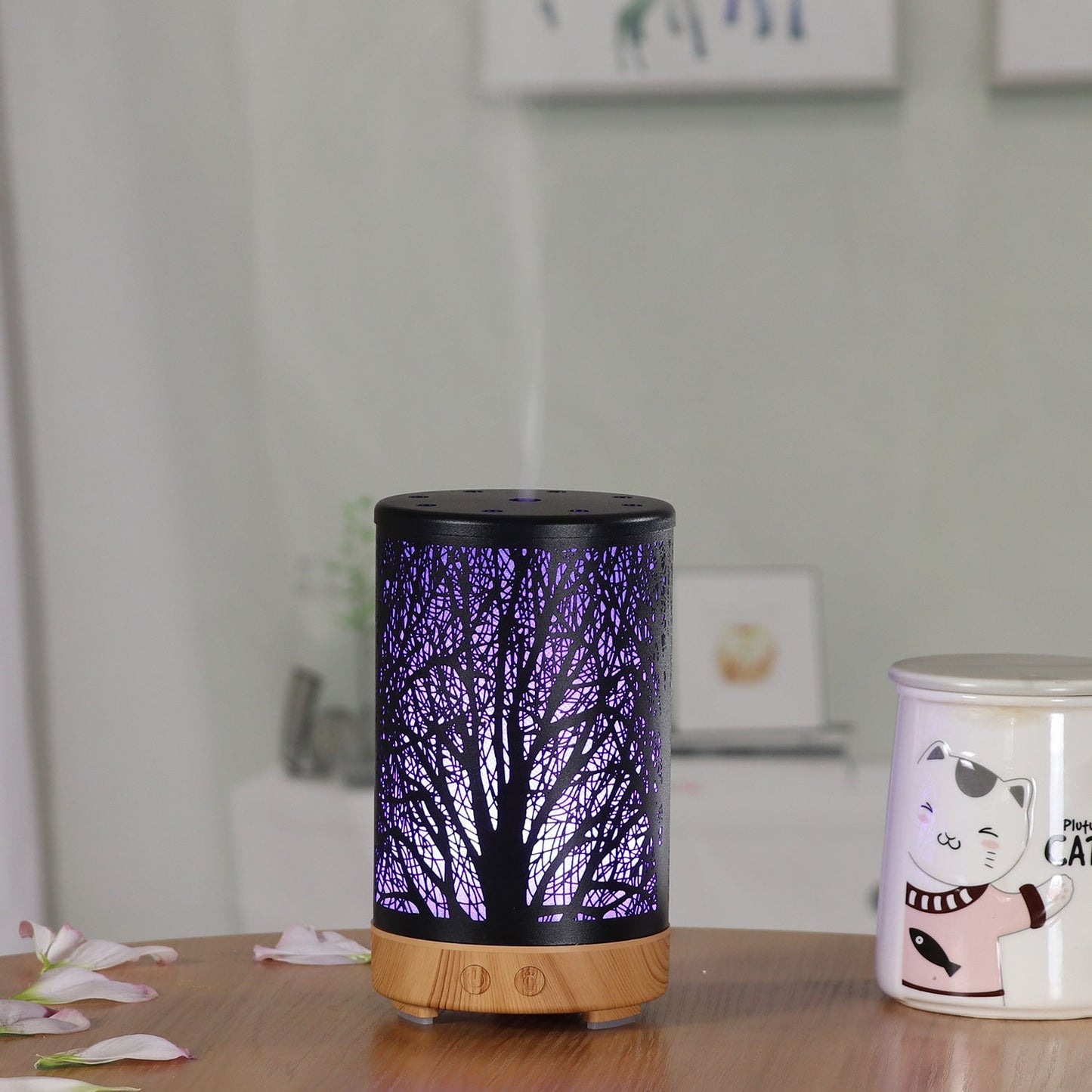Coffee And Black Forest Design Iron Essential Oil Diffuser 7 Color Led Ultrasonic Cool Mist Humidifier 100Ml