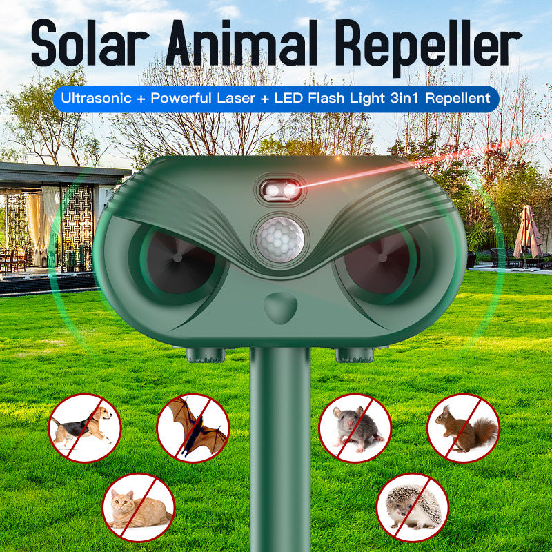 Black Advanced Solar Powered Ultrasonic Animal Repeller Outdoor Pest Deterrent With Motion Sensor Strobe Light & Laser