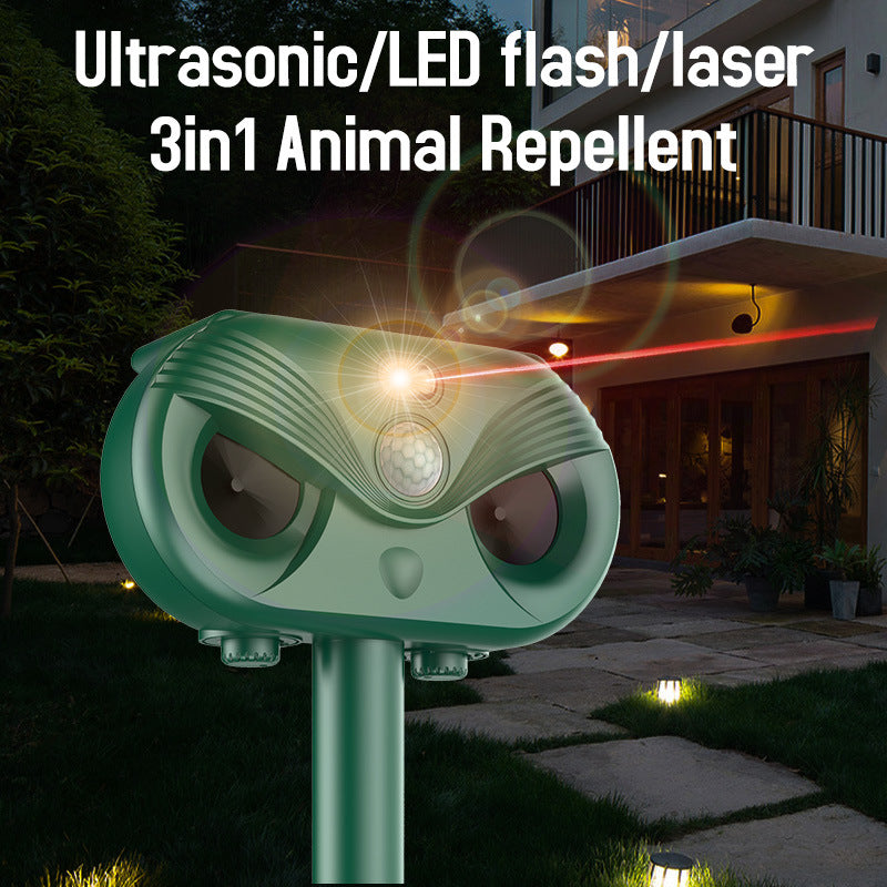 Black Advanced Solar Powered Ultrasonic Animal Repeller Outdoor Pest Deterrent With Motion Sensor Strobe Light & Laser
