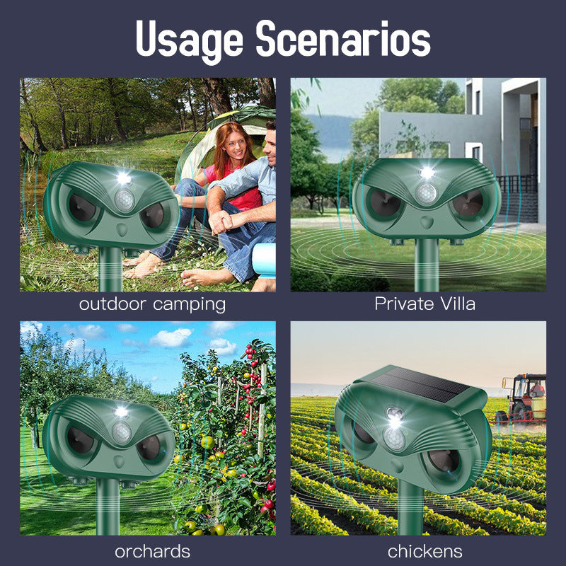 Black Advanced Solar Powered Ultrasonic Animal Repeller Outdoor Pest Deterrent With Motion Sensor Strobe Light & Laser