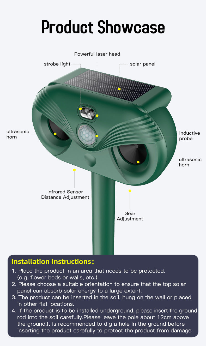 Black Advanced Solar Powered Ultrasonic Animal Repeller Outdoor Pest Deterrent With Motion Sensor Strobe Light & Laser
