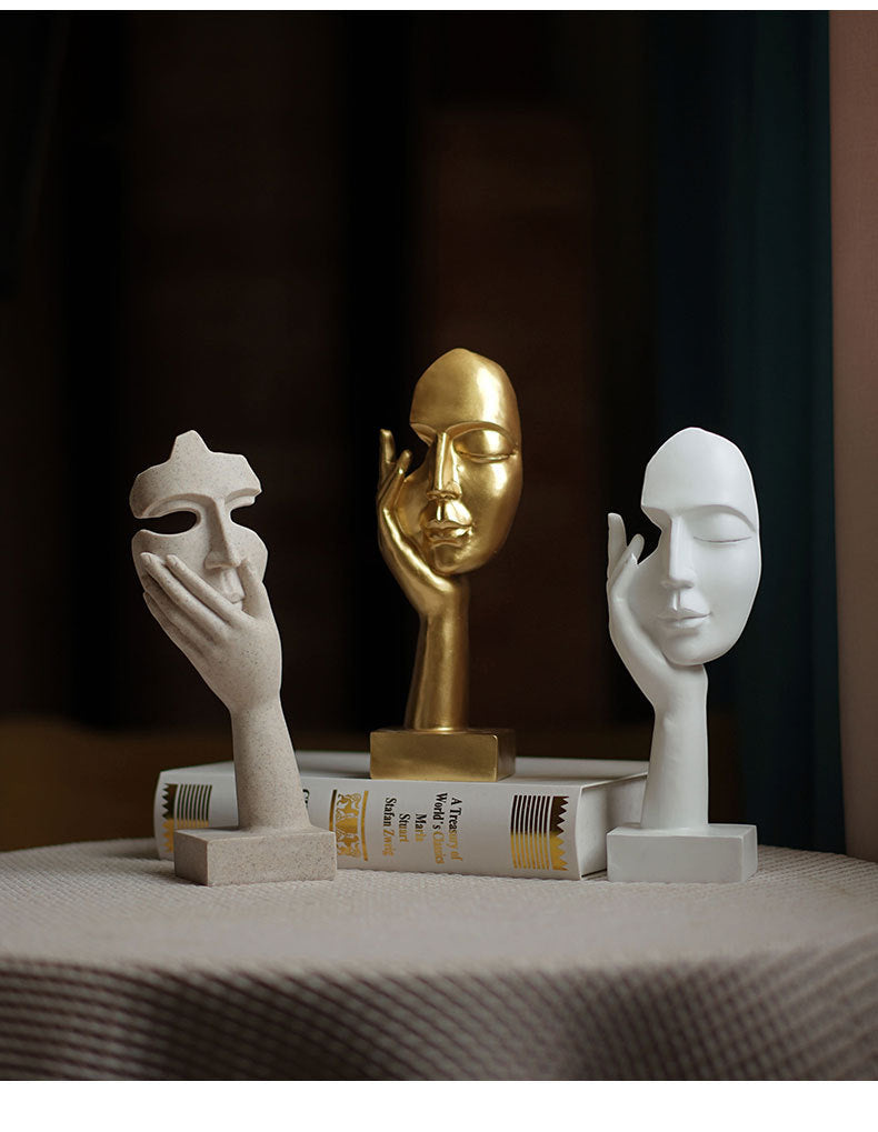 White Style 3 Elegant Abstract Face Sculpture - Modern Resin Art Figurine Hand & Mask Home Decor Accent