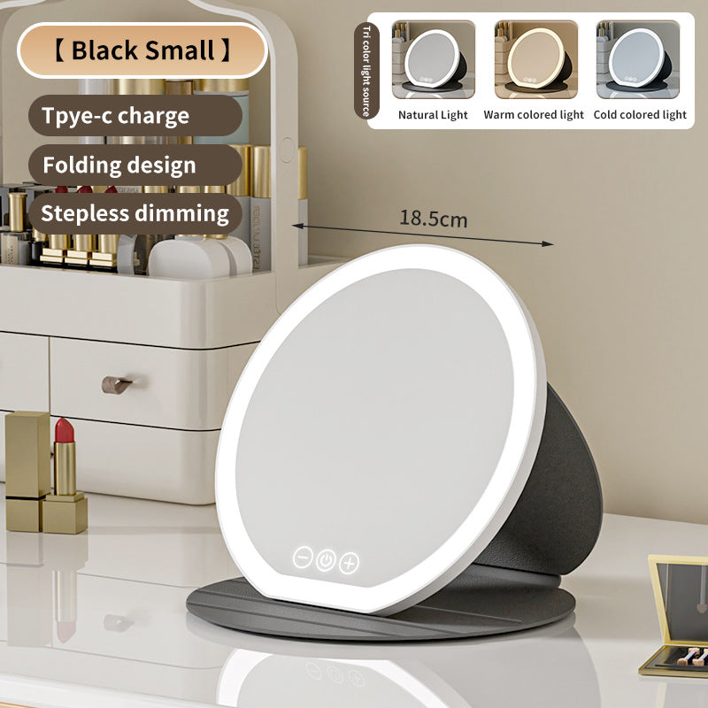 Black Small Round Foldable Led Makeup Mirror 18.5Cm Desktop Vanity With 3 Color Lights & Stepless Dimming