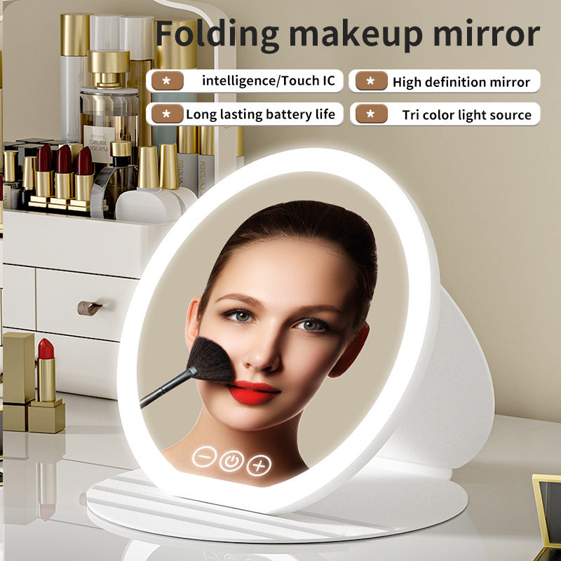Black Small Round Foldable Led Makeup Mirror 18.5Cm Desktop Vanity With 3 Color Lights & Stepless Dimming