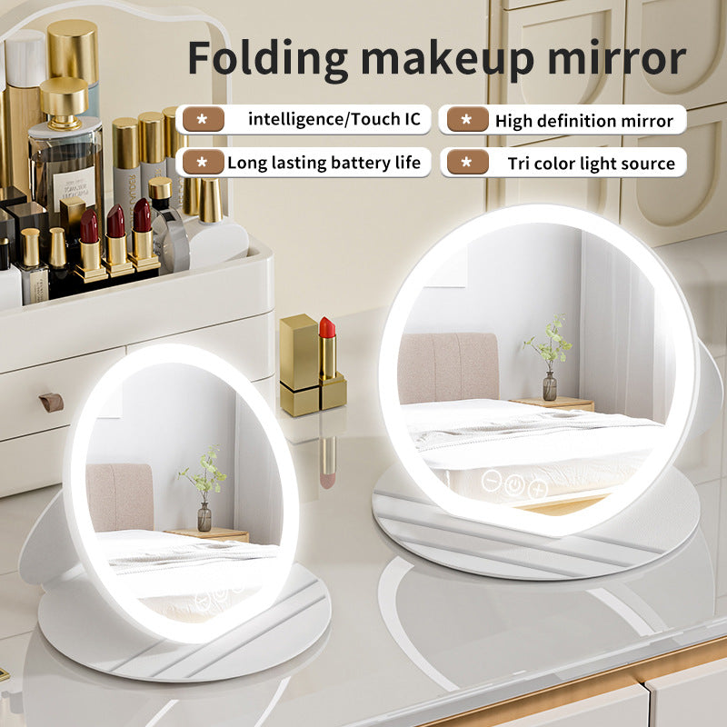 Black Small Round Foldable Led Makeup Mirror 18.5Cm Desktop Vanity With 3 Color Lights & Stepless Dimming