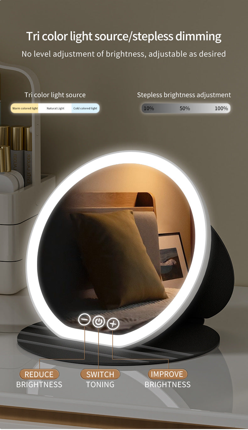 Black Small Round Foldable Led Makeup Mirror 18.5Cm Desktop Vanity With 3 Color Lights & Stepless Dimming