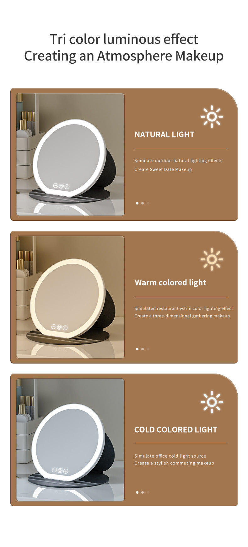 Black Small Round Foldable Led Makeup Mirror 18.5Cm Desktop Vanity With 3 Color Lights & Stepless Dimming