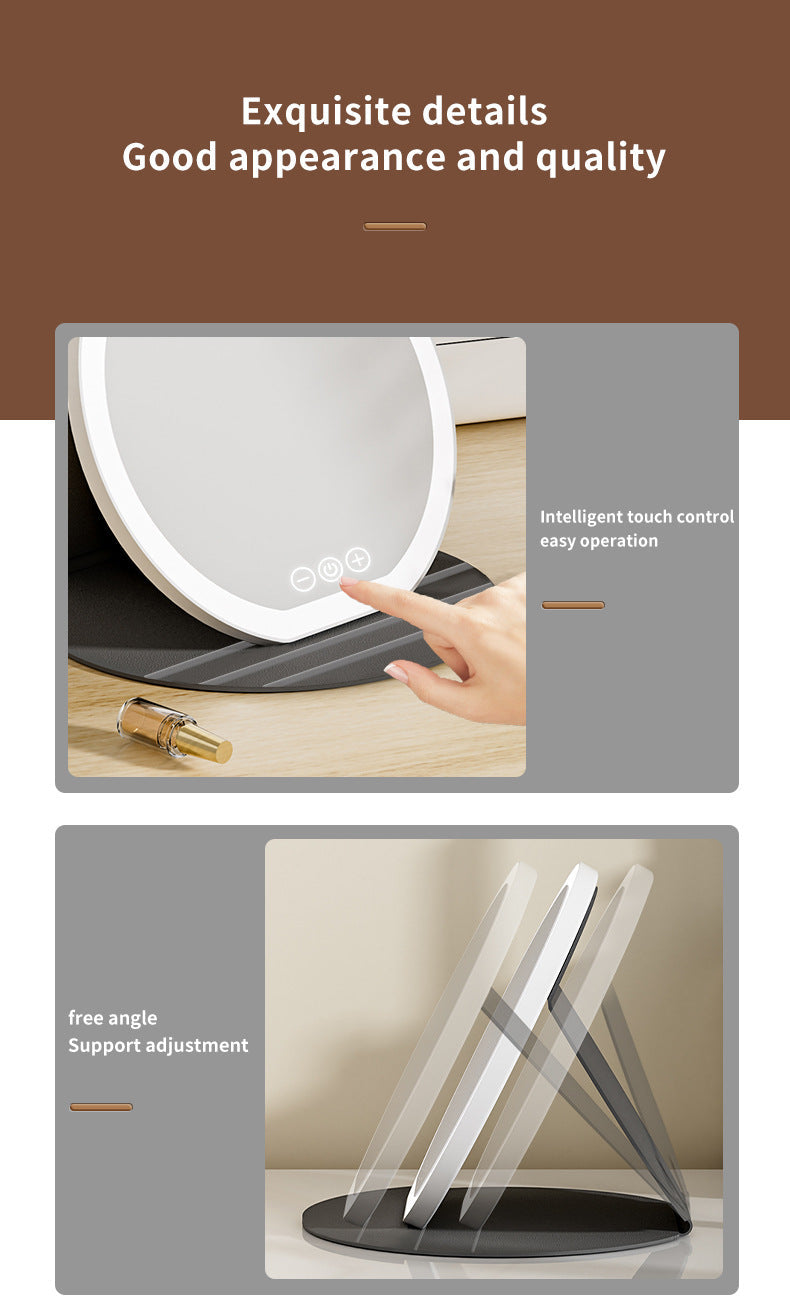 Black Small Round Foldable Led Makeup Mirror 18.5Cm Desktop Vanity With 3 Color Lights & Stepless Dimming