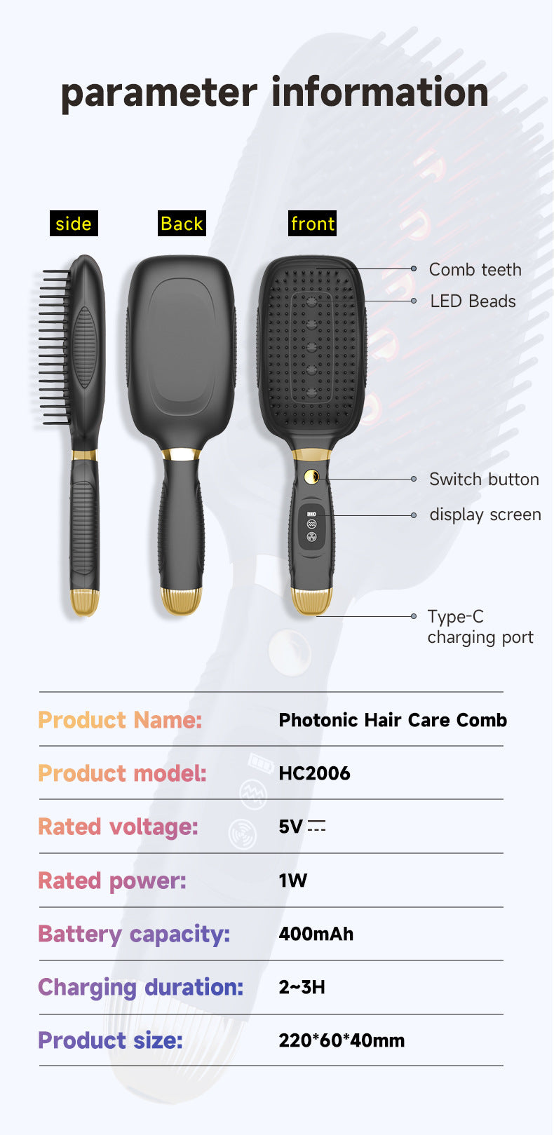 Black Advanced 3 In 1 Scalp & Hair Care Massage Comb Red Light Therapy Ems Microcurrent Vibration