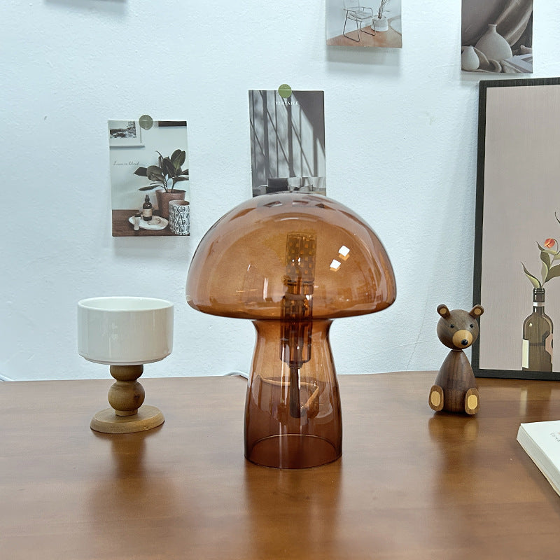 Brown Charming Retro Glass Mushroom Table Lamp Vintage Nordic Style Bedside Light