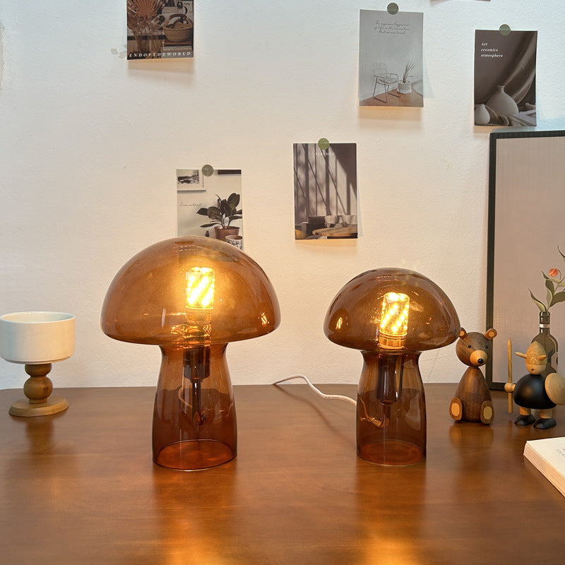 Brown Charming Retro Glass Mushroom Table Lamp Vintage Nordic Style Bedside Light