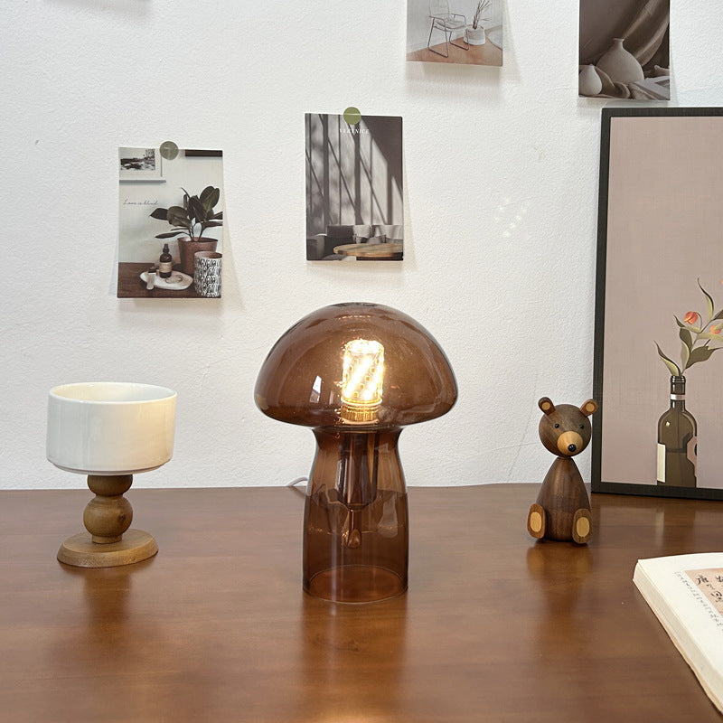Brown Charming Retro Glass Mushroom Table Lamp Vintage Nordic Style Bedside Light