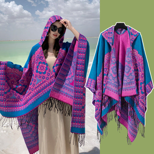 Purple Soft Faux Cashmere Poncho Cape - Oversized Winter Shawl Wrap (130X150cm)