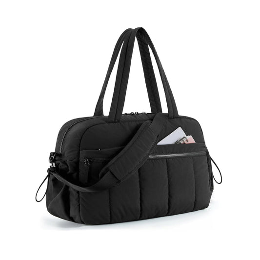 Black Large Capacity Quilted Travel Tote Bag Waterproof Gym Duffel With Wet Pocket (42X19x30cm)