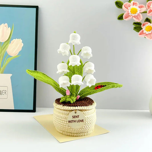 White Handmade Crochet Lily Of The Valley Potted Plant Gradient Blue Flower Decor Gift