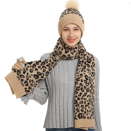 Beige Women's Leopard Print Winter Warm Knit Set 3 Piece Fleece Lined Hat Scarf & Gloves