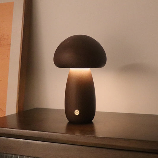 Dun Model Dark Brown Solid Wood Mushroom Led Table Lamp Rechargeable Touch Control Bedside Night Light (Large)
