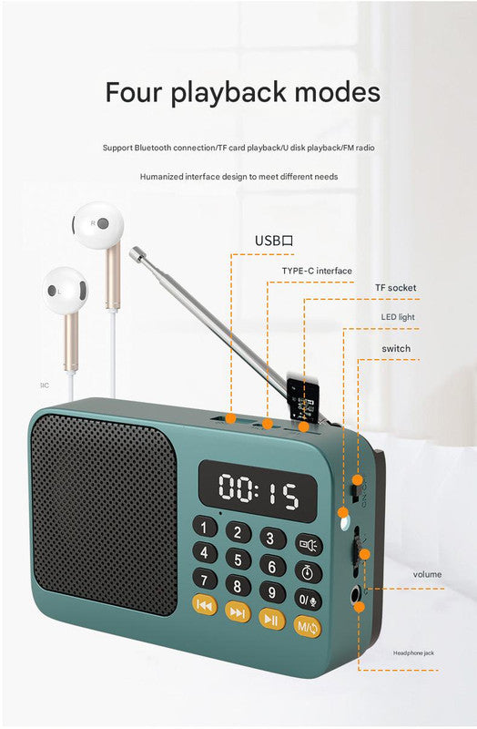 Digital Music Player Fm Radio 4 Playback Modes Led Flashlight Green