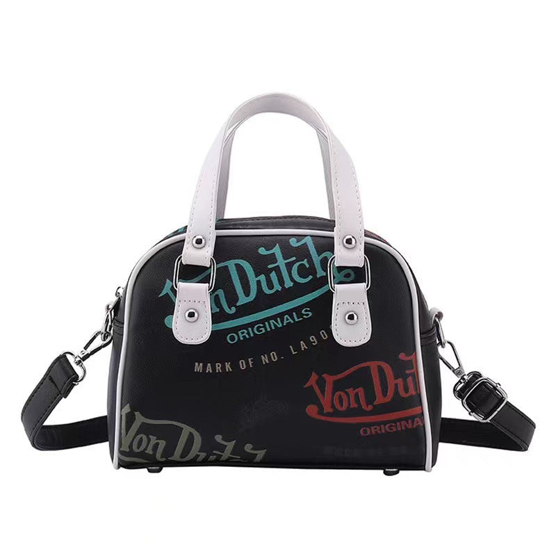 Retro Print Pu Leather Dome Satchel Bag Versatile Crossbody & Handbag Black