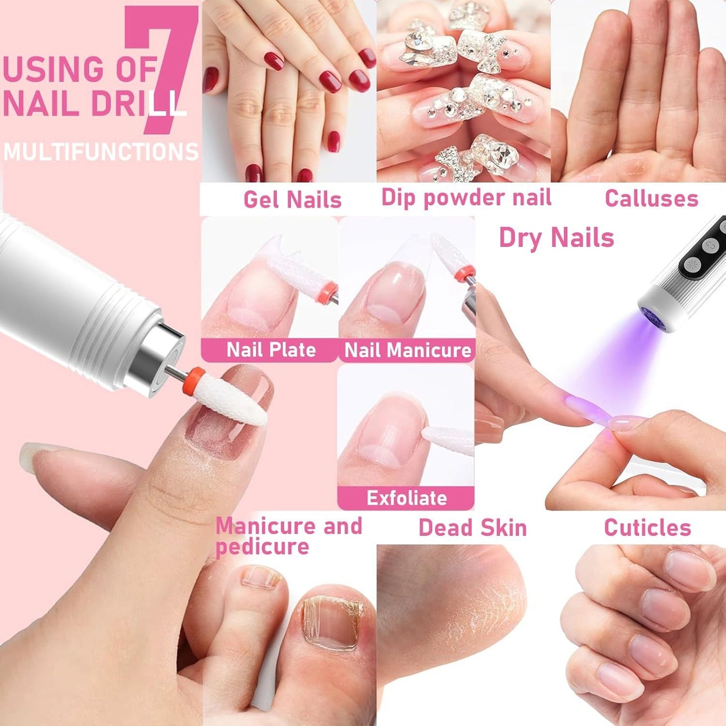 Cordless Electric Nail Drill Kit With Uv Lamp 0 20000Rpm Led Display 12 Bits(White)