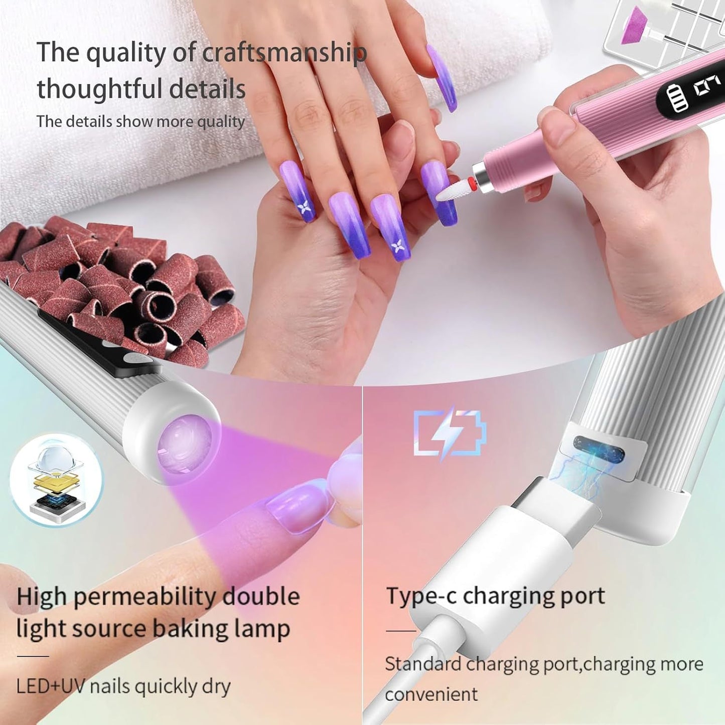 Cordless Electric Nail Drill Kit With Uv Lamp 0 20000Rpm Led Display 12 Bits(White)