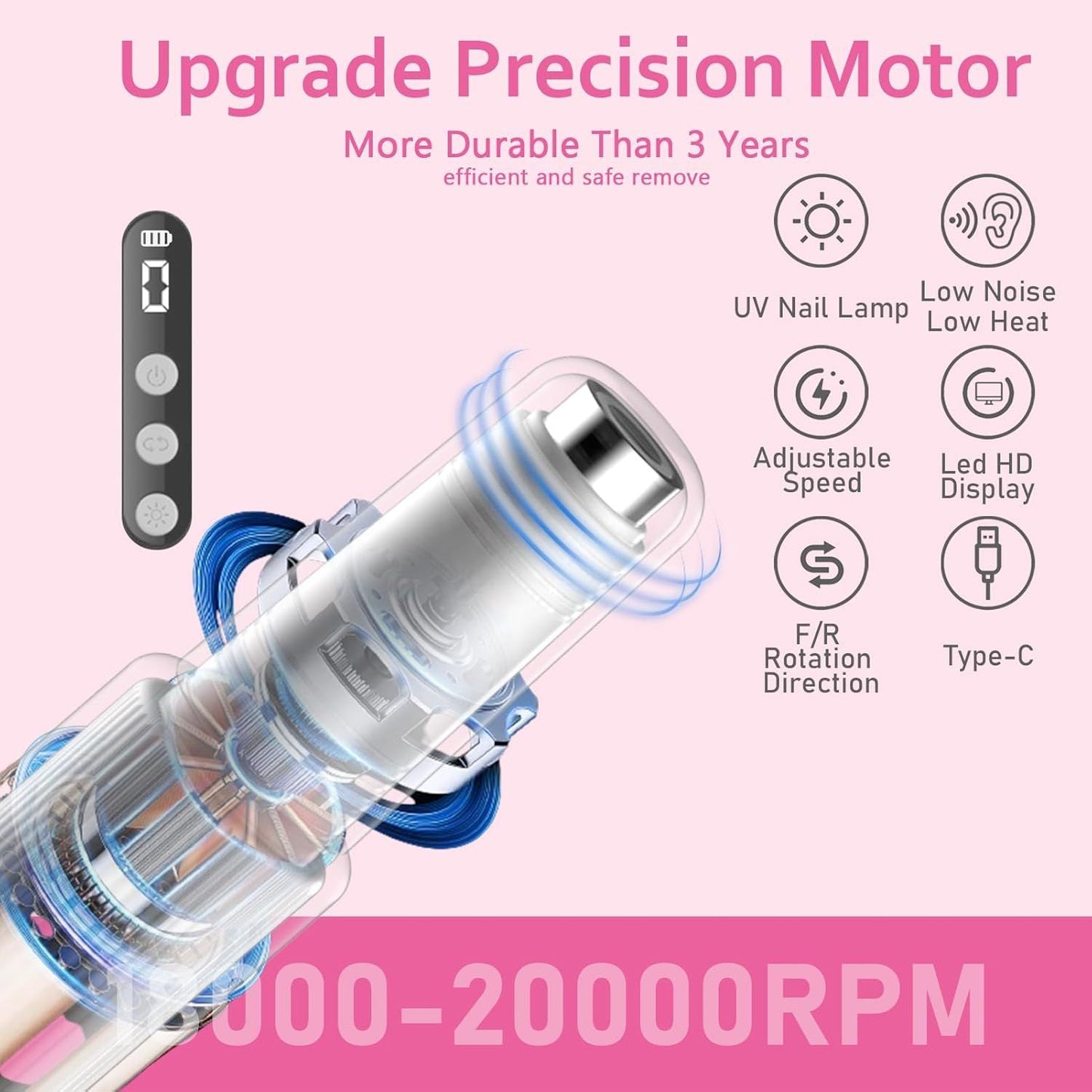 Cordless Electric Nail Drill Kit With Uv Lamp 0 20000Rpm Led Display 12 Bits(White)