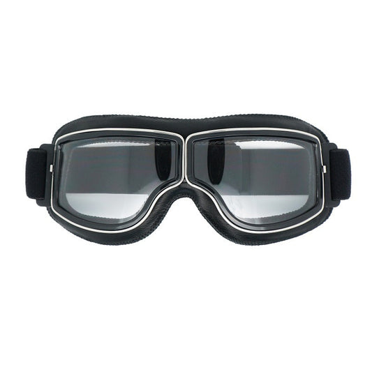 Retro Motorcycle Goggles Windproof Uv400 Protection Anti Impact Pc Lenses With Leather Frame (Black Clear Lens)