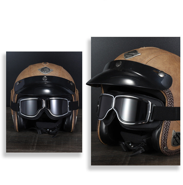 Retro Motorcycle Goggles Windproof Uv400 Protection Anti Impact Pc Lenses With Leather Frame (Black Clear Lens)