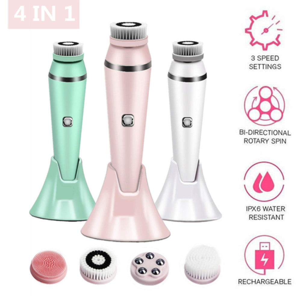 4 In 1 Electric Facial Cleansing Brush & Massager Ipx6 Waterproof 3 Speeds Bi Directional Spin Usb Rechargeable(White)