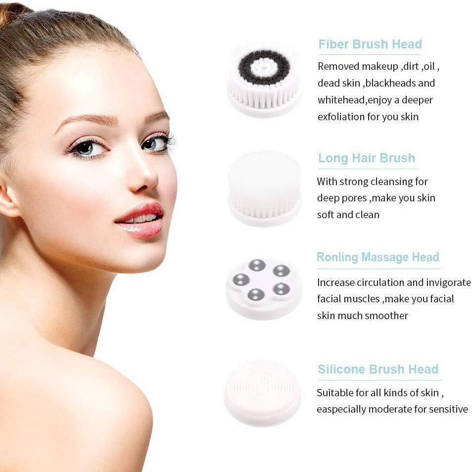 4 In 1 Electric Facial Cleansing Brush & Massager Ipx6 Waterproof 3 Speeds Bi Directional Spin Usb Rechargeable(White)