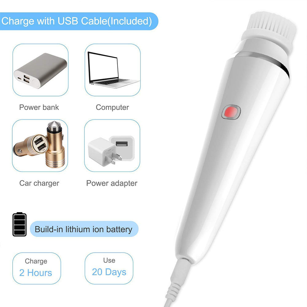 4 In 1 Electric Facial Cleansing Brush & Massager Ipx6 Waterproof 3 Speeds Bi Directional Spin Usb Rechargeable(White)