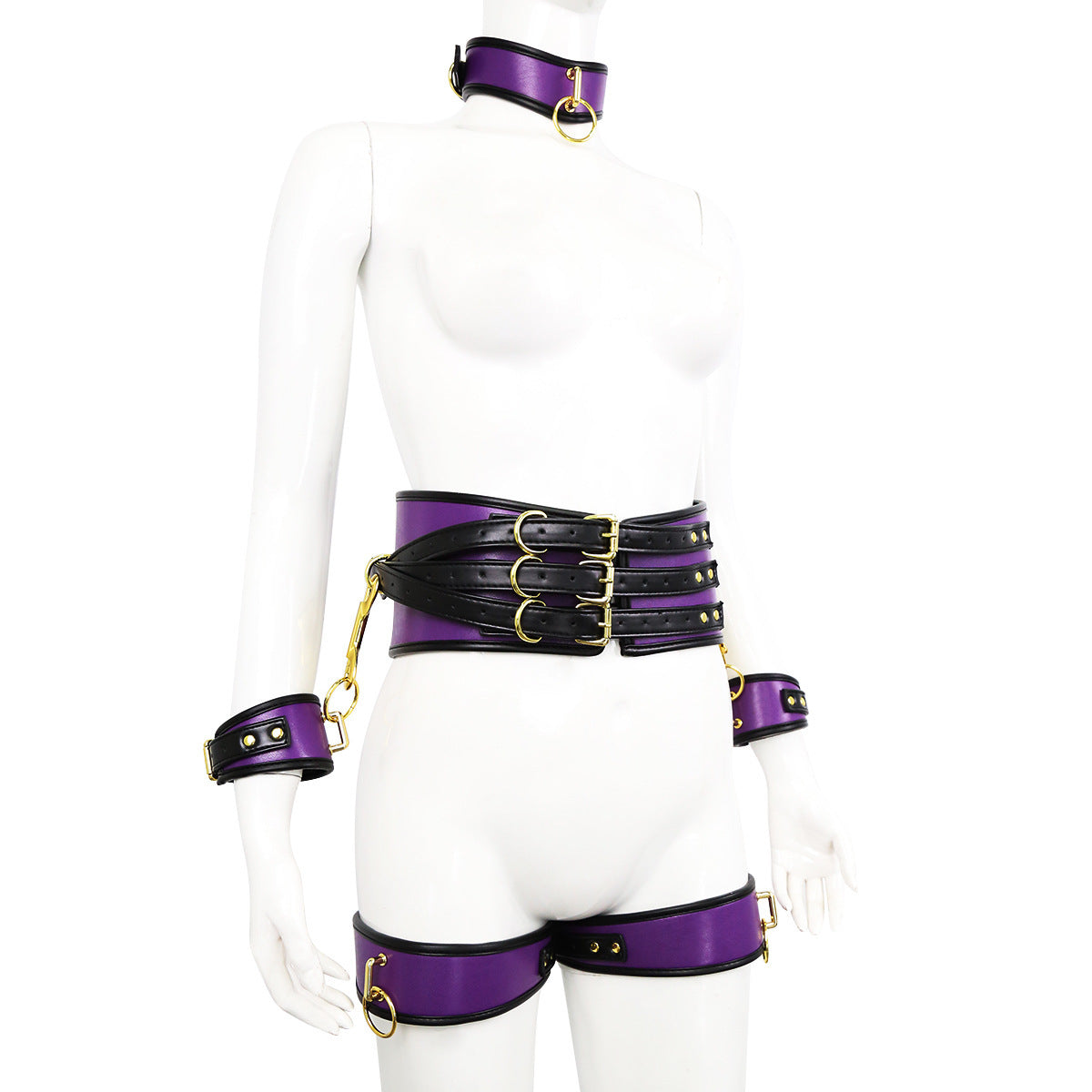 Pu Leather Bondage Restraint Set Collar Waist Belt Hand & Leg Cuffs With Connectors(Purple)