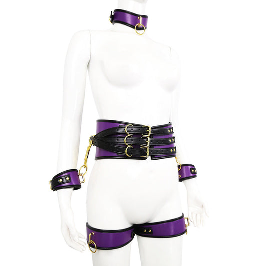 Pu Leather Bondage Restraint Set Collar Waist Belt Hand & Leg Cuffs With Connectors(Purple)