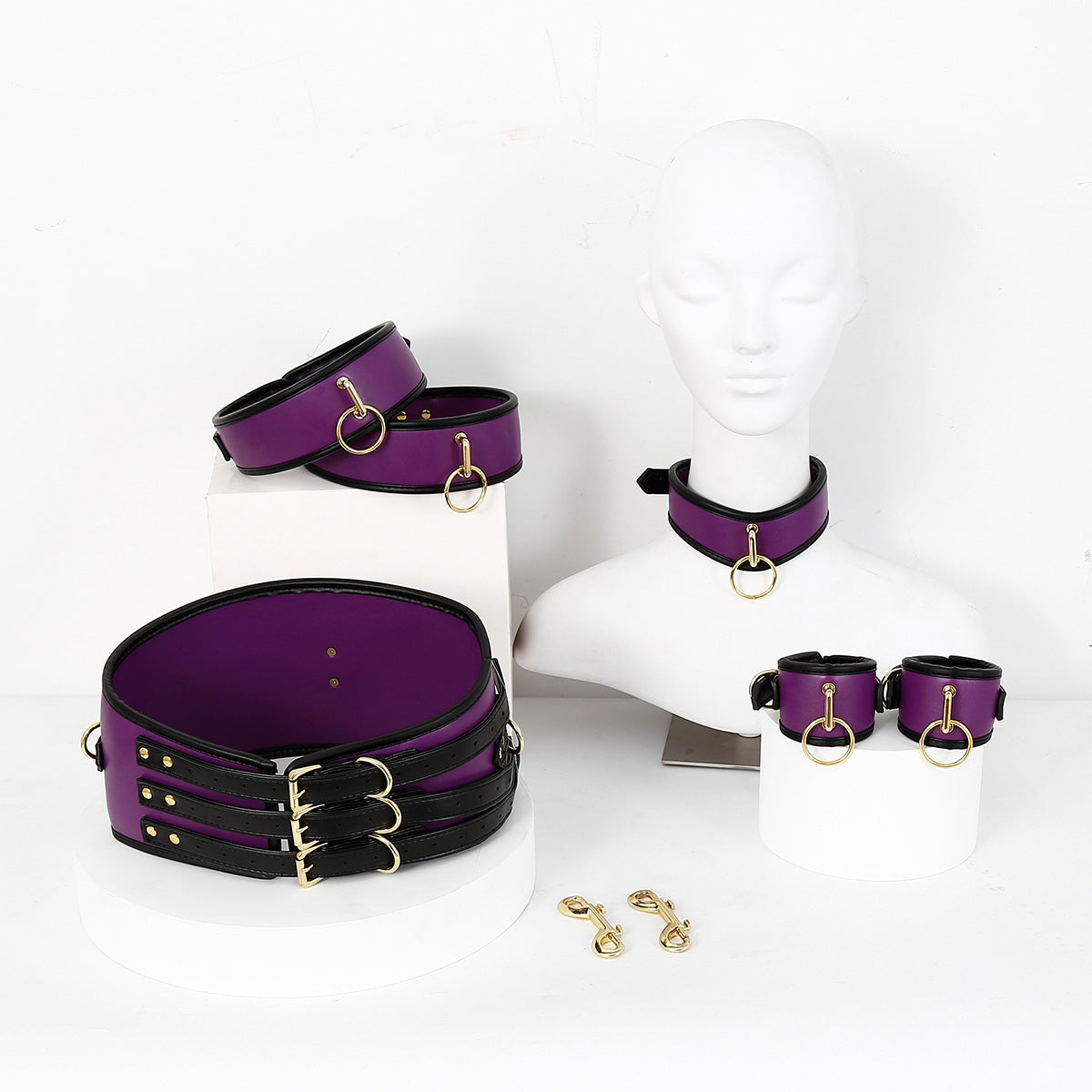 Pu Leather Bondage Restraint Set Collar Waist Belt Hand & Leg Cuffs With Connectors(Purple)