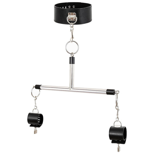 Pu Leather Collar & Locking Handcuff Spreader Bar Set Adult Novelty Restraint(Black)
