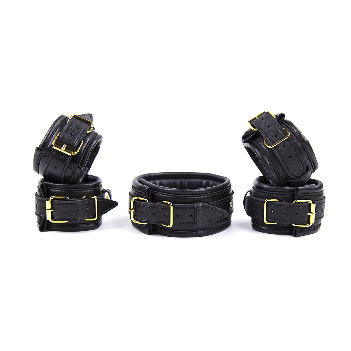 Premium Pu Leather Adjustable Padded Collar Handcuffs & Ankle Cuffs Set With Leash Connectors Black