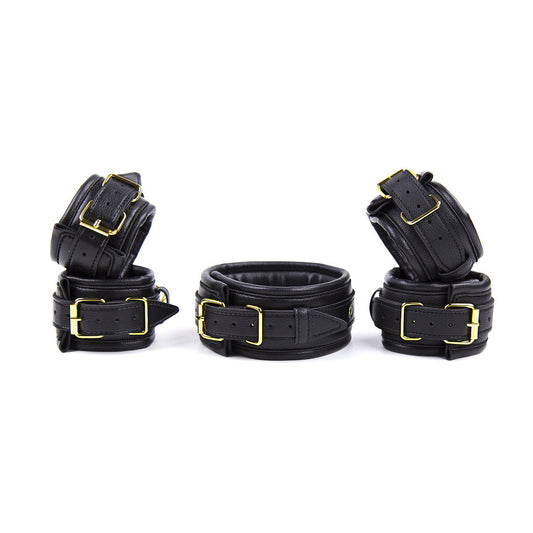 Premium Pu Leather Adjustable Padded Collar Handcuffs & Ankle Cuffs Set With Leash Connectors Black