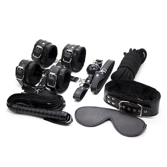 10-Piece Plush Lined Adjustable Restraint Kit With Rope & Accessories For Couples Black
