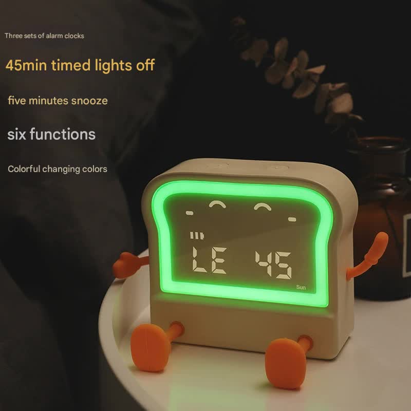 Adorable Toast Shaped Digital Alarm Clock With Night Light & Phone Stand Multifunctional Kids Milky