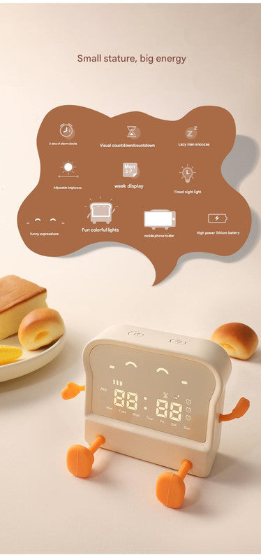 Adorable Toast Shaped Digital Alarm Clock With Night Light & Phone Stand Multifunctional Kids Milky
