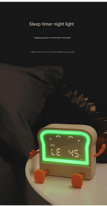Adorable Toast Shaped Digital Alarm Clock With Night Light & Phone Stand Multifunctional Kids Milky