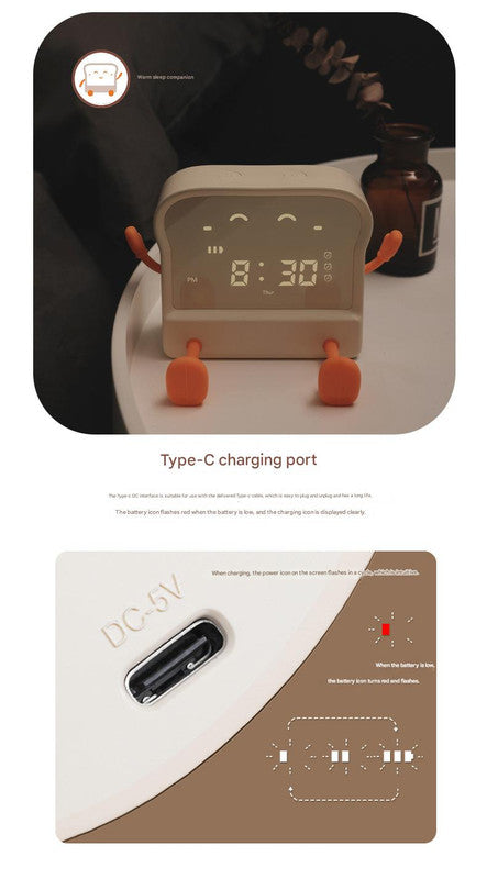 Adorable Toast Shaped Digital Alarm Clock With Night Light & Phone Stand Multifunctional Kids Milky