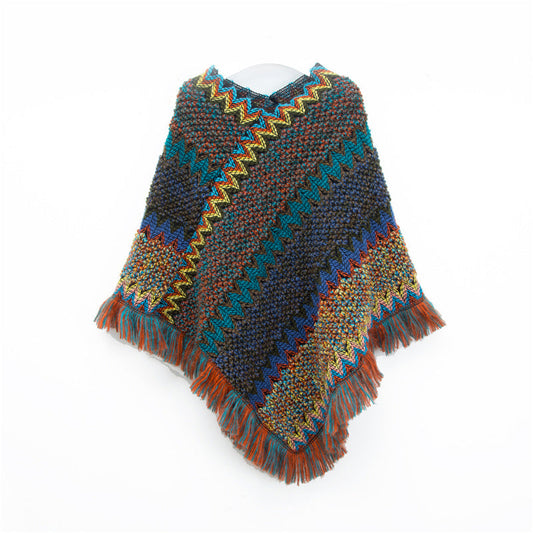 Navy Blue Lightweight Chevron Knit Poncho For Women Elegant Fringed Shawl Wrap